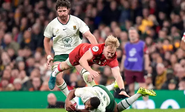Wales's Blair Murray, center, and South Africa's Damian Willemse during the rugby union international match between Wales and South Africa in Cardiff, Wales, Saturday Nov. 29, 2025. (Andrew Matthews/PA via AP)