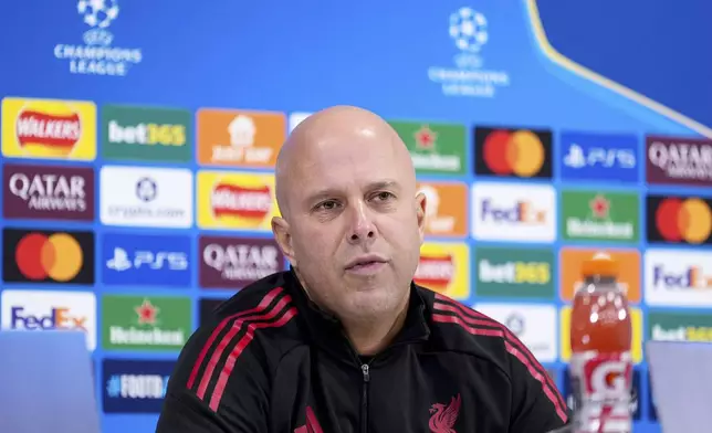 Liverpool manager Arne Slot attends a press conference at Anfield, Liverpool, England, Tuesday, Nov. 25, 2025, ahead of Wednesday's Champions League match against PSV Eindhoven. (Peter Byrne/PA via AP)