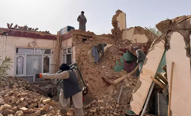 Locals search among the rubble of a destroyed house after a 6.3 powerful in a rural area of the Khulm District, Samangan Province, northern Afghanistan, Monday, Nov. 3, 2025.(AP Photo/Sirat Noori)