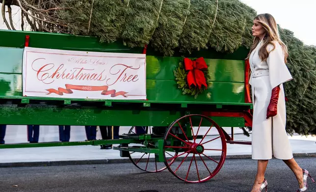 First lady Melania Trump receives the official 2025 White House Christmas Tree, a white fir from Korson's Tree Farms in Michigan, on the North Portico of the White House, Monday, Nov. 24, 2025, in Washington. (AP Photo/Julia Demaree Nikhinson)