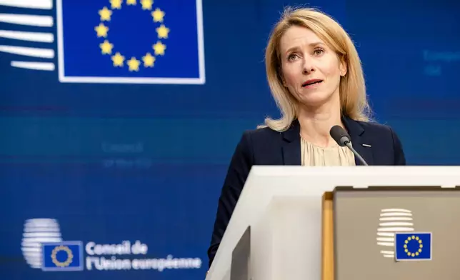 European Union foreign policy chief Kaja Kallas addresses the media after an EU general affairs meeting at the European Council building in Brussels, Thursday, Nov. 20, 2025. (AP Photo/Geert Vanden Wijngaert)