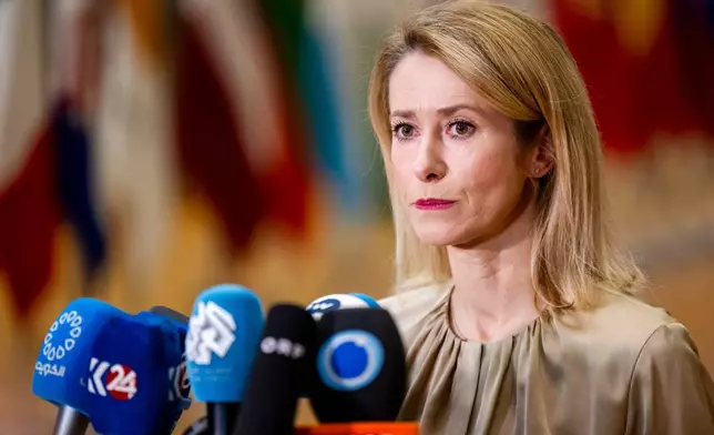 European Union foreign policy chief Kaja Kallas speaks to media as she arrives for a EU general affairs meeting at the European Council building in Brussels, Thursday, Nov.20, 2025. (AP Photo/Geert Vanden Wijngaert)