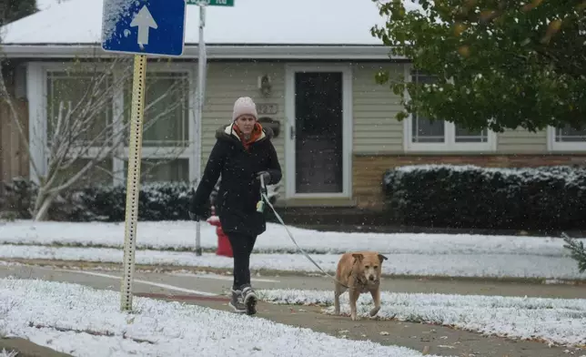 A pedestrian bundles up as she takes a walk with her dog during a snowy day in Northbrook, Ill., Sunday, Nov. 9, 2025. (AP Photo/Nam Y. Huh)