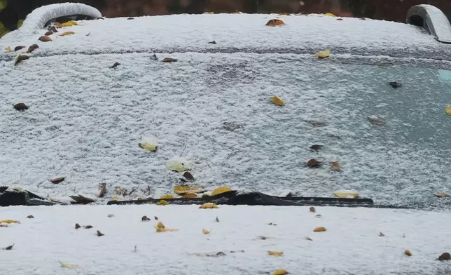 A car is covered with snow during a cold day in Evanston, Ill., Sunday, Nov. 9, 2025. (AP Photo/Nam Y. Huh)