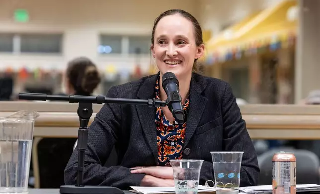 Seattle mayoral candidate Katie Wilson speaks during a climate forum Thursday, Oct. 16, 2025, in Seattle. (AP Photo/Maddy Grassy)