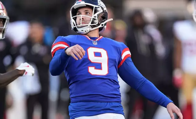 New York Giants kicker Graham Gano (9) kicks a field goal against the San Francisco 49ers during the third quarter of an NFL football game, Sunday, Nov. 2, 2025, in East Rutherford, N.J. (AP Photo/Seth Wenig)