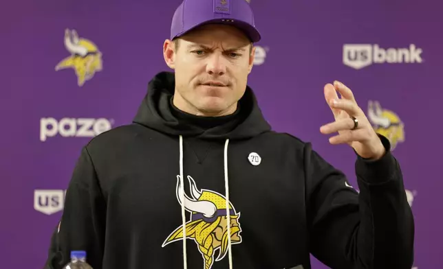 Minnesota Vikings head coach Kevin O'Connell answers questions after an NFL football game against the Green Bay Packers Sunday, Nov. 23, 2025, in Green Bay, Wis. (AP Photo/Matt Ludtke)