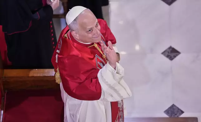 Pope Leo XIV meets the clergy at the Cathedral of the Holy Spirit, in Istanbul, Turkey, Friday, Nov. 28, 2025. (AP Photo/Domenico Stinellis)