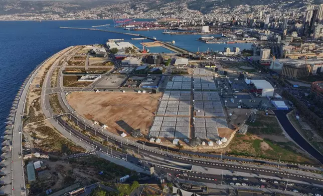 An aerial view shows the area where Pope Leo XIV will hold a Holy mass during his visit to Lebanon, at the waterfront of downtown Beirut, Thursday, Nov. 27, 2025. (AP Photo/Hussein Malla)