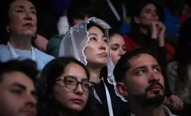 People attend a Mass celebrated by Pope Leo XIV at the Volkswagen Arena, in Istanbul, Turkey, Saturday, Nov. 29, 2025. (AP Photo/Dilara Acikgoz)