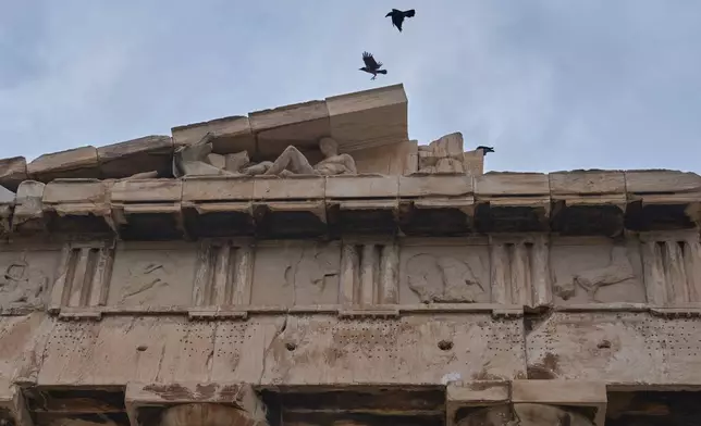 Birds fly over the 5th century B.C. Parthenon temple, in Athens, Friday, Oct. 31, 2025. (AP Photo/Petros Giannakouris)