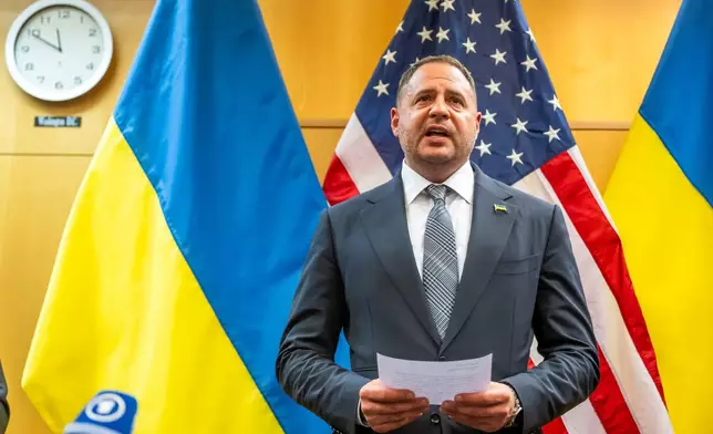 Head of the Office of the President of Ukraine Andriy Yermak talks to the press at the U.S. Mission to International Organizations in Geneva, Switzerland, Sunday, Nov. 23, 2025. (Martial Trezzini/Keystone via AP)