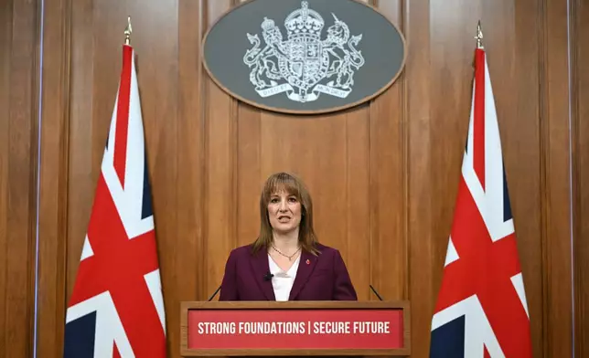 Britain's Chancellor of the Exchequer Rachel delivers a speech in the media briefing room of 9 Downing Street, London, Tuesday Nov. 4, 2025. (Justin Tallis/Pool Photo via AP)