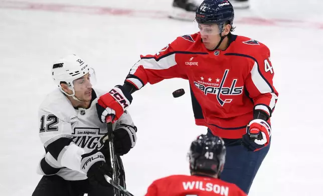 Washington Capitals defenseman Martin Fehérváry (42) and Los Angeles Kings left wing Trevor Moore (12) battle for the puck during the second period of an NHL hockey game, Monday, Nov. 17, 2025, in Washington. (AP Photo/Nick Wass)