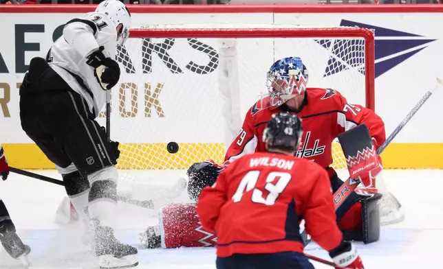 Los Angeles Kings center Anze Kopitar (11) scores a goal past Washington Capitals goaltender Charlie Lindgren (79) during the second period of an NHL hockey game, Monday, Nov. 17, 2025, in Washington. (AP Photo/Nick Wass)