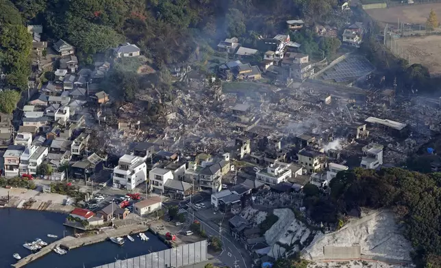 This shows the aftermath of a fire in Oita, southern Japan Wednesday, Nov. 19, 2025. (Takumi Sato/Kyodo News via AP)