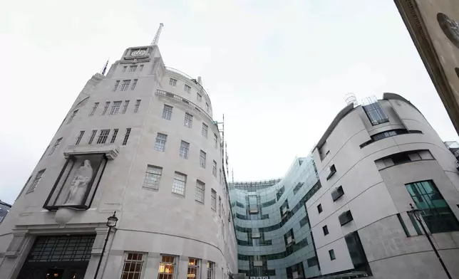 A view of BBC Broadcasting House in London, Tuesday, Nov. 11, 2025. (AP Photo/Kirsty Wigglesworth)