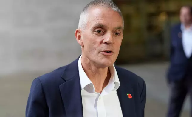 Outgoing BBC Director-General Tim Davie outside BBC Broadcasting House in London, Tuesday Nov. 11, 2025. (Lucy North/PA via AP)