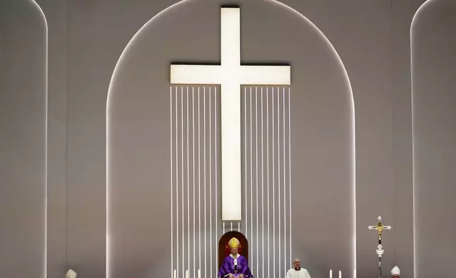 Pope Leo XIV celebrates a Mass at the Volkswagen Arena, in Istanbul, Turkey, Saturday, Nov. 29, 2025. (AP Photo/Khalil Hamra)