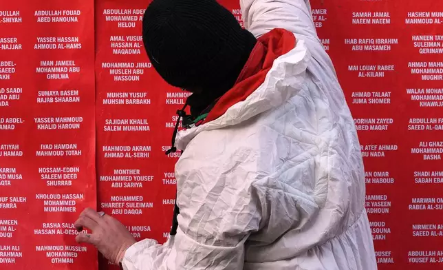 FILE - A worker installs a poster with the names of killed aid workers as Medical Aid for Palestinians unveils a public memorial wall in London, Nov. 25, 2025. (AP Photo/Frank Augstein, File)