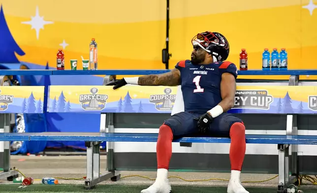 Montreal Alouettes' Darnell Sankey (1) looks on following second half CFL football action against the Saskatchewan Roughriders in the Grey Cup in Winnipeg, Manitoba, Sunday, Nov. 16, 2025. (Fred Greenslade/The Canadian Press via AP)