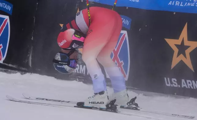 Switzerland's Franjo Von Allmen reacts after competing during a World Cup men's super-G skiing race, Thursday, Nov. 27, 2025, in Copper Mountain. (AP Photo/John Locher)