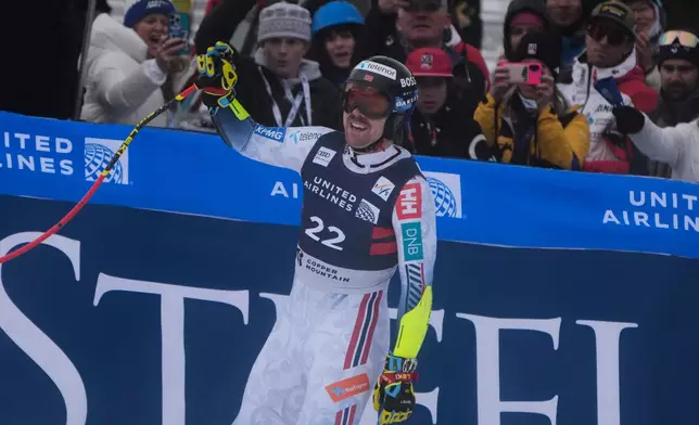 Norway's Aleksander Aamodt Kilde reacts after competing during a World Cup men's super-G skiing race, Thursday, Nov. 27, 2025, in Copper Mountain. (AP Photo/John Locher)