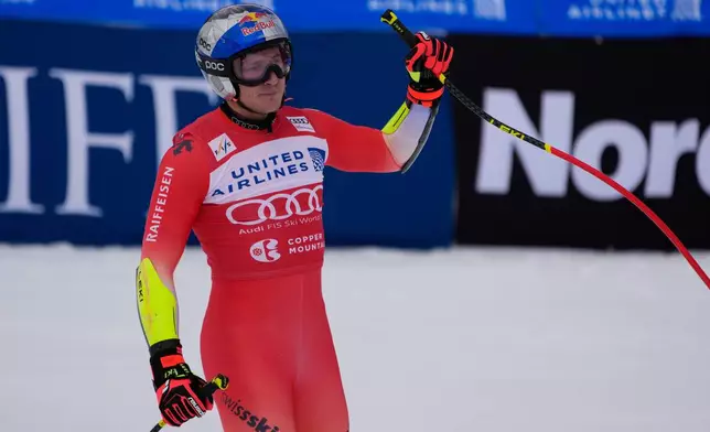 Switzerland's Marco Odermatt reacts after competing during a World Cup men's super-G skiing race, Thursday, Nov. 27, 2025, in Copper Mountain. (AP Photo/John Locher)