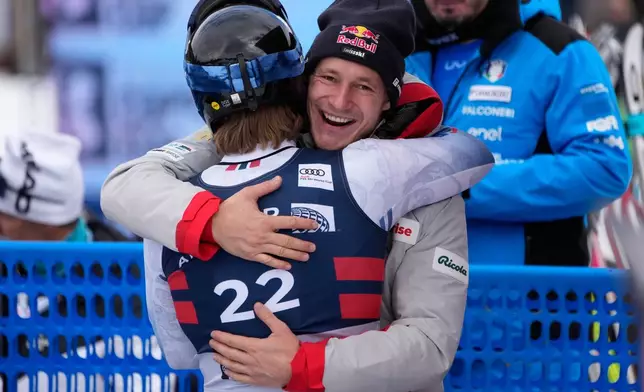 Switzerland's Marco Odermatt, right, embraces Norway's Aleksander Aamodt Kilde after Kilde's run during a World Cup men's super-G skiing race, Thursday, Nov. 27, 2025, in Copper Mountain. (AP Photo/John Locher)