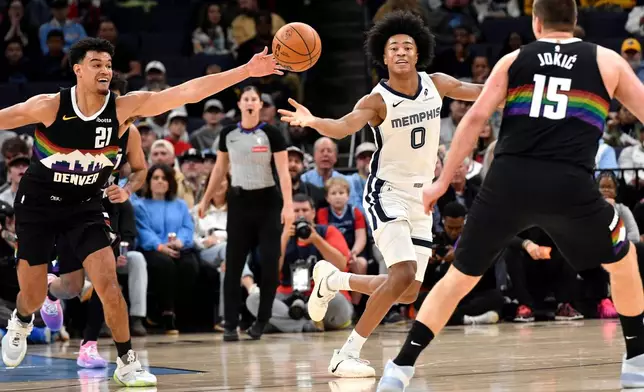 Denver Nuggets forward Spencer Jones (21) and Memphis Grizzlies forward Jaylen Wells (0) reach for the ball in the first half of an NBA basketball game, Monday, Nov. 24, 2025, in Memphis, Tenn. (AP Photo/Brandon Dill)