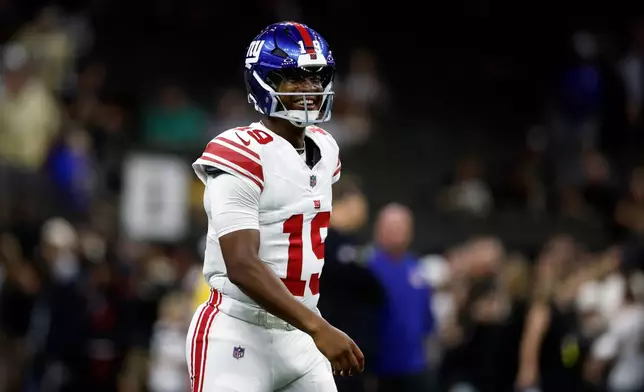 FILE - New York Giants quarterback Jameis Winston before an NFL football game against the New Orleans Saints, Oct. 5, 2025, in New Orleans. (AP Photo/Butch Dill, File)