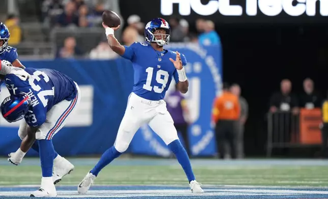 FILE - New York Giants quarterback Jameis Winston (19) prepares to make a throw from the pocket during an NFL preseason football game against the New England Patriots, Aug.. 21, 2025, in East Rutherford, NJ. (AP Photo/Peter Joneleit, File)