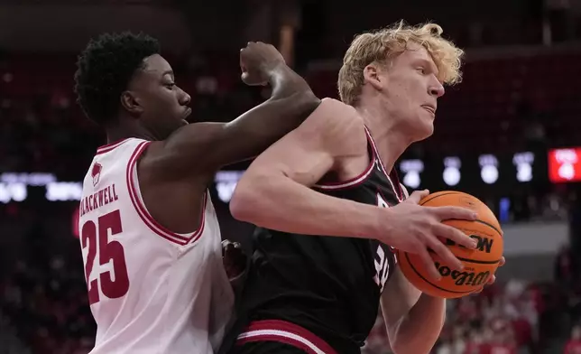 SIUE's Arnas Sakenis grabs a rebound in front of Wisconsin's John Blackwell during the first half of an NCAA college basketball game Monday, Nov. 17, 2025, in Madison, Wis. (AP Photo/Morry Gash)