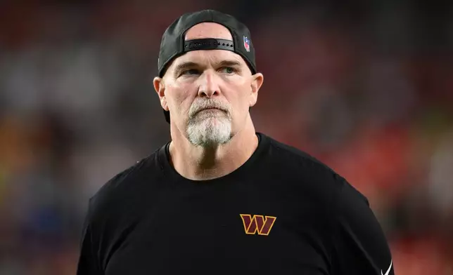 Washington Commanders head coach Dan Quinn on the sidelines before the start of of an NFL football game against the Seattle Seahawks, Sunday, Nov. 2, 2025, in Landover, Md. (AP Photo/Nick Wass)