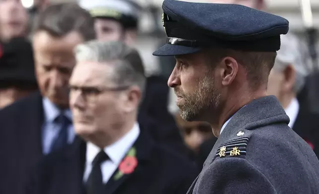 Britain's Prince William attends the Remembrance Sunday ceremony at the Cenotaph on Whitehall in central London, Nov. 9, 2025. (Henry Nicholls/Pool Photo via AP)