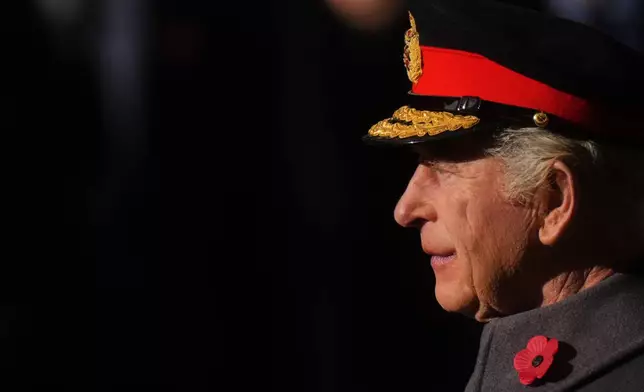 Britain's King Charles III attends the Remembrance Sunday Service at the Cenotaph in London, Sunday, Nov. 9, 2025.(AP Photo/Alastair Grant, Pool)
