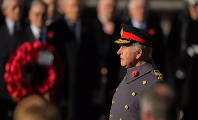 Britain's King Charles III attends the Remembrance Sunday Service at the Cenotaph in London, Sunday, Nov. 9, 2025.(AP Photo/Alastair Grant, Pool)