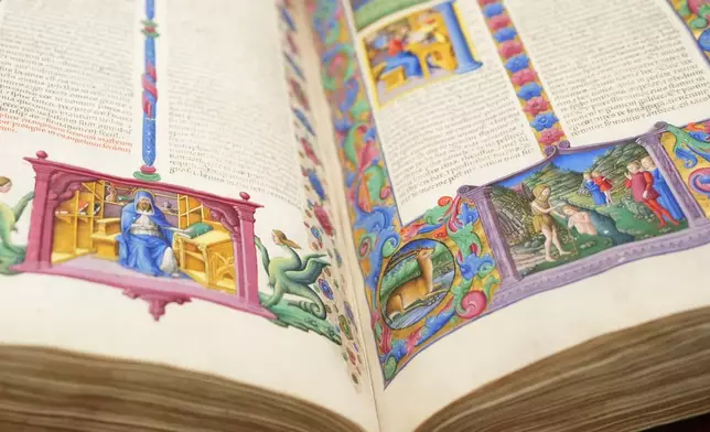 A detail of the 15th century Borso D'Este Bible, comprising two illuminated manuscripts, during its unveiling at the Italian Senate as part of the Vatican's Holy Year celebrations in Rome, Thursday, Nov. 13, 2025. (AP Photo/Alessandra Tarantino)