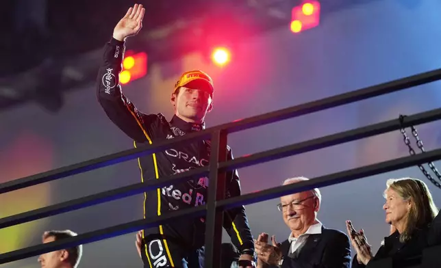 First place finisher Red Bull driver Max Verstappen of the Netherlands celebrates after the Formula One Las Vegas Grand Prix auto race, Saturday, Nov. 22, 2025 in Las Vegas. (AP Photo/Eric Gay)