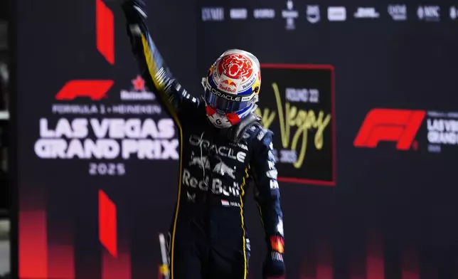 First place finisher Red Bull driver Max Verstappen of the Netherlands celebrates after the Formula One Las Vegas Grand Prix auto race, Saturday, Nov. 22, 2025 in Las Vegas. (AP Photo/Eric Gay)