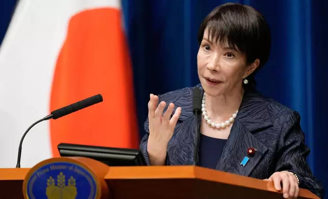 FILE - Japan's new Prime Minister Sanae Takaichi speaks during a press conference at the prime minister's office in Tokyo, on Oct. 21, 2025. (AP Photo/Eugene Hoshiko, Pool)
