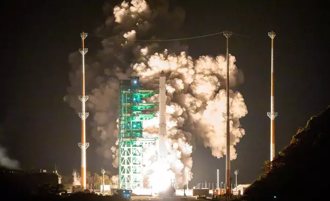 In this photo released by the Korea Aerospace Research Institute, the Nuri rocket lifts off from a launch pad at the Naro Space Center in Goheung, South Korea, Thursday, Nov. 27, 2025. (Korea Aerospace Research Institute via AP)