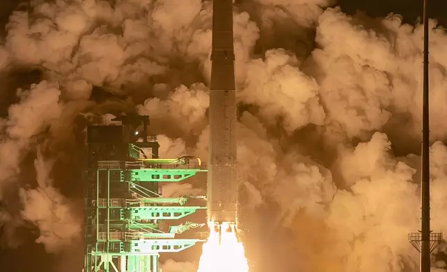 In this photo released by the Korea Aerospace Research Institute, the Nuri rocket lifts off from a launch pad at the Naro Space Center in Goheung, South Korea, Thursday, Nov. 27, 2025. (Korea Aerospace Research Institute via AP)