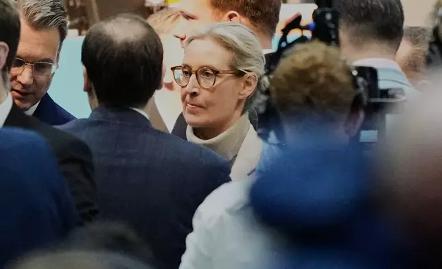 AfD party leader Alice Wridel attendst the re-founding of the AfD youth organization in Giessen, Germany, early Saturday, Nov. 29, 2025. (AP Photo/Martin Meissner)
