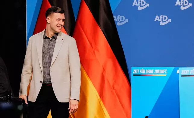 Jean-Pascal Hohm is seen after he was elected AfD youth leader during the re-founding of the AfD youth organization in Giessen, Germany, early Saturday, Nov. 29, 2025. (AP Photo/Martin Meissner)