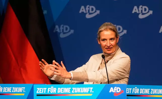 AfD party leader Alice Wridel speaks during the re-founding of the AfD youth organization in Giessen, Germany, early Saturday, Nov. 29, 2025. (AP Photo/Martin Meissner)