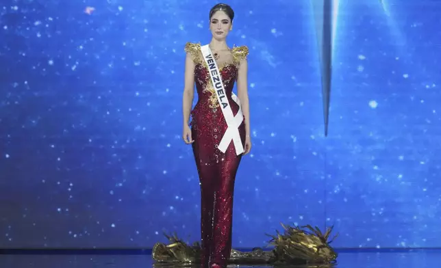 Miss Venezuela Stephany Abasali competes during the final round of the 74th Miss Universe Beauty Pageant in Nonthaburi province, Thailand, Friday, Nov. 21, 2025. (AP Photo/Sakchai Lalit)