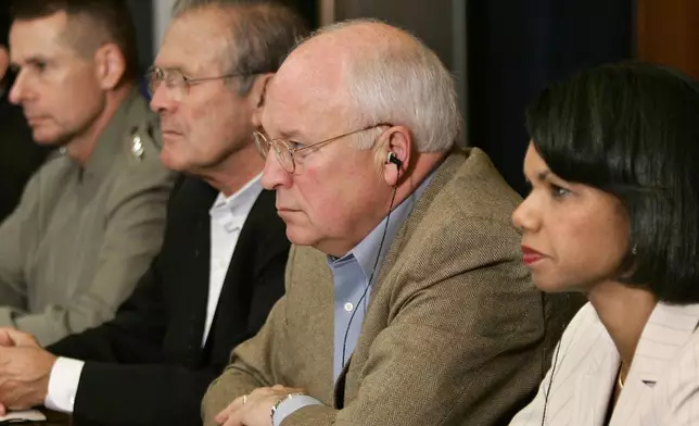 FILE - Watching President Bush and new Iraqi Prime Minister Nouri al-Maliki in Baghdad during a video teleconference at Camp David, Md., Tuesday, June 13, 2006, from right are, Secretary of State Condoleezza Rice, Vice President Dick Cheney, Secretary of Defense Donald H. Rumsfeld, and Joint Chiefs Chairman Gen. Peter Pace. In a surprise visit cloaked in secrecy, Bush flew overnight to Baghdad to bolster support for Iraq's fledgling government and U.S. war policy at home. (AP Photo/J. Scott Applewhite, file)