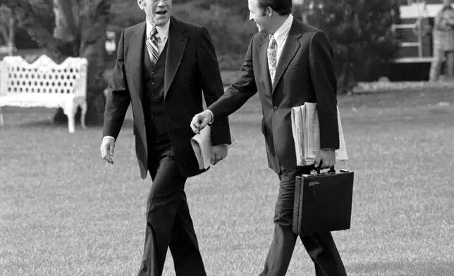 FILE - President Gerald Ford and White House chief of staff Dick Cheney Washington, DC,Nov 7, 1975. (AP Photo, file)