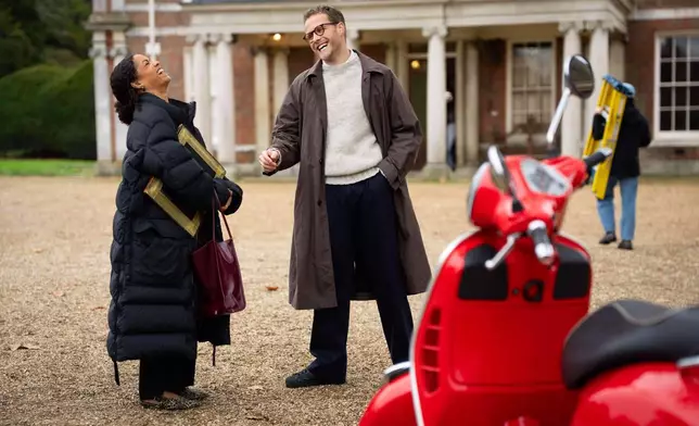 Antonia Thomas, left, and and Josh Dylan appear on the set of the Agatha Christie series "Tommy &amp; Tuppence" in Beaconsfield, England on Wednesday, Oct. 29, 2025. (Photo by Scott A Garfitt/Invision/AP)
